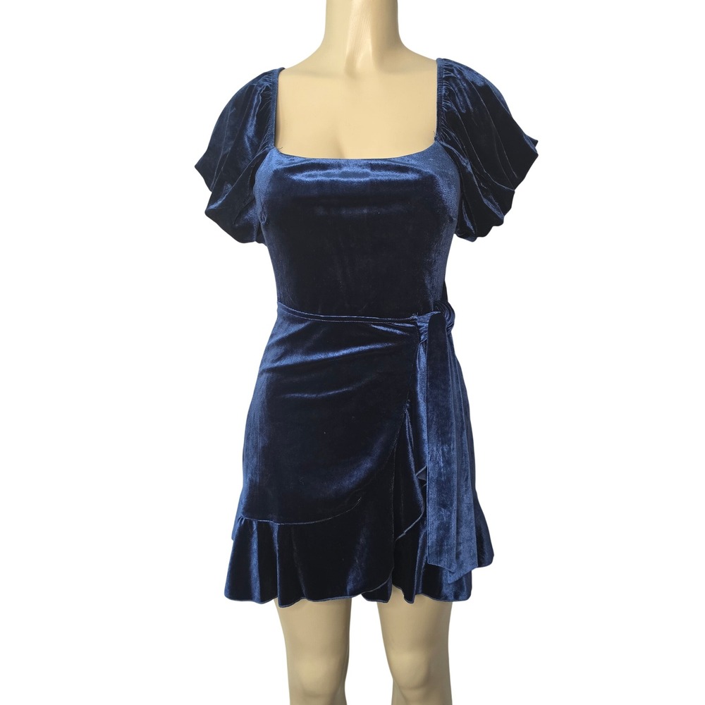 Trixxi Dress Women S Blue Velvet Mini Wrap Ruffle Puff Sleeve 25EJ94GPDI